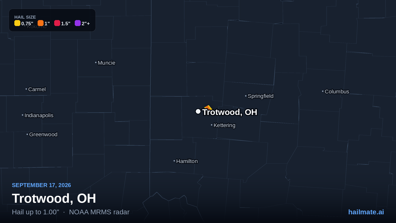 Hail swath map for Trotwood, OH on September 17, 2026 showing 1.00 inch hail.