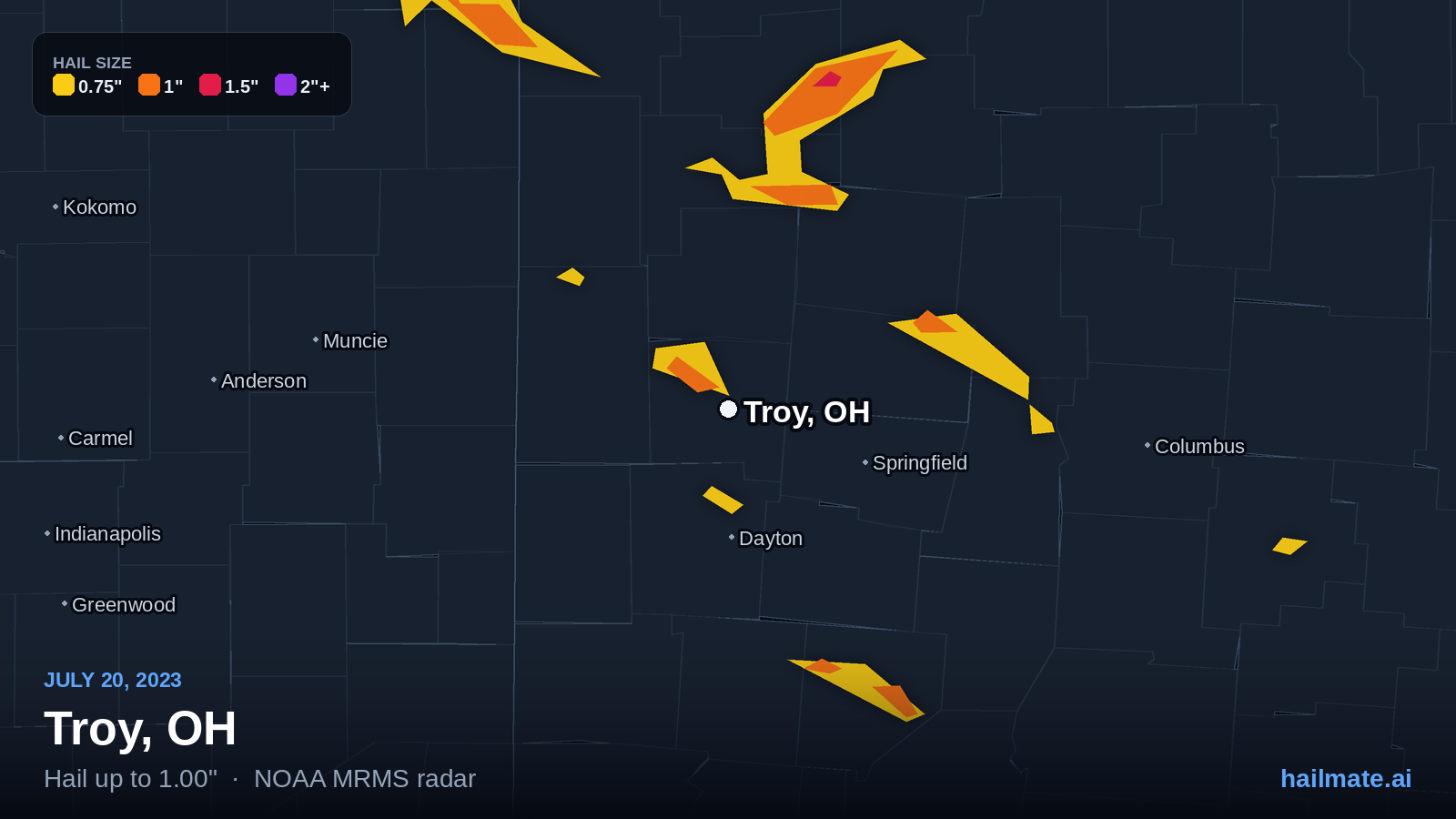 Hail swath map for Troy, OH on July 20, 2023 showing 1.00 inch hail.