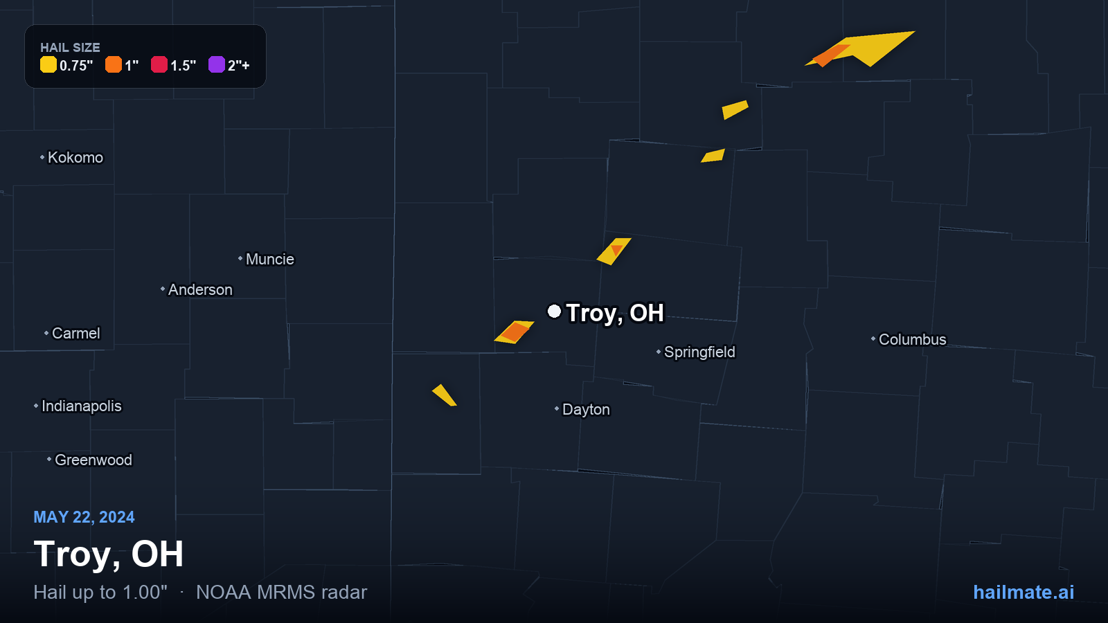 Hail swath map for Troy, OH on May 22, 2024 showing 1.00 inch hail.