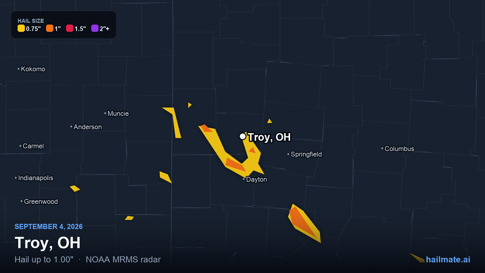 Hail swath map for Troy, OH on September 4, 2026 showing 1.00 inch hail.