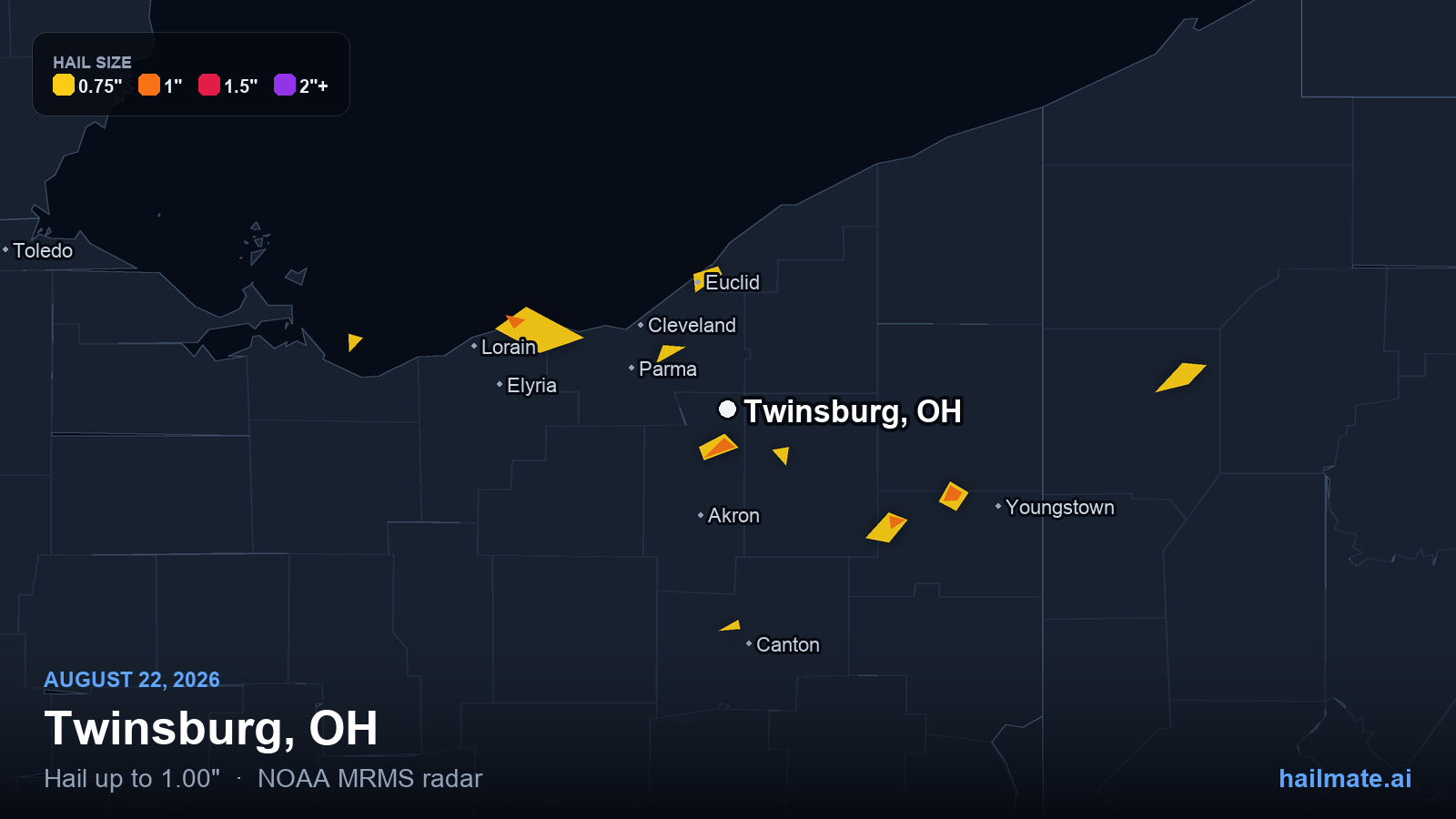 Hail swath map for Twinsburg, OH on August 22, 2026 showing 1.00 inch hail.