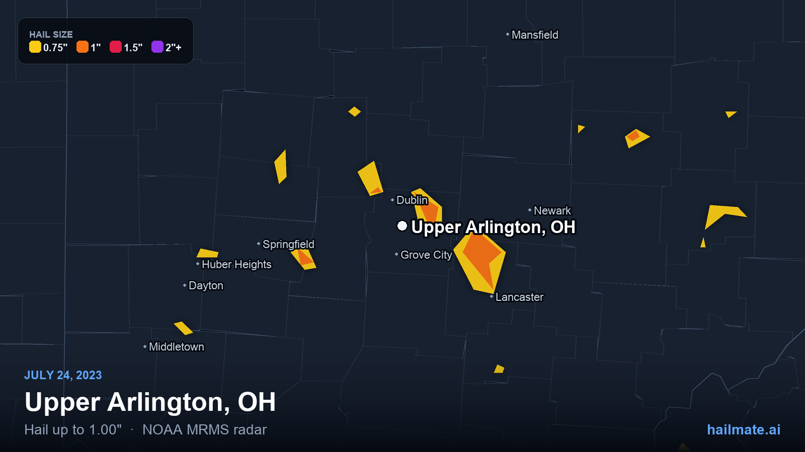 Hail swath map for Upper Arlington, OH on July 24, 2023 showing 1.00 inch hail.
