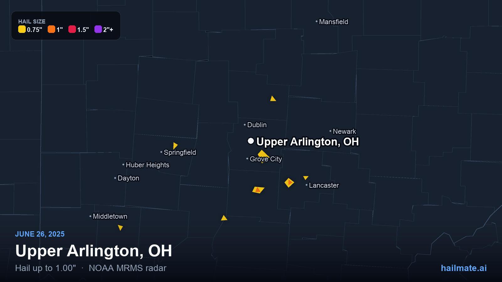 Hail swath map for Upper Arlington, OH on June 26, 2025 showing 1.00 inch hail.