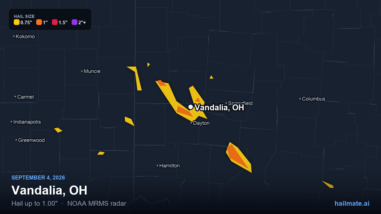Hail swath map for Vandalia, OH on September 4, 2026 showing 1.00 inch hail.