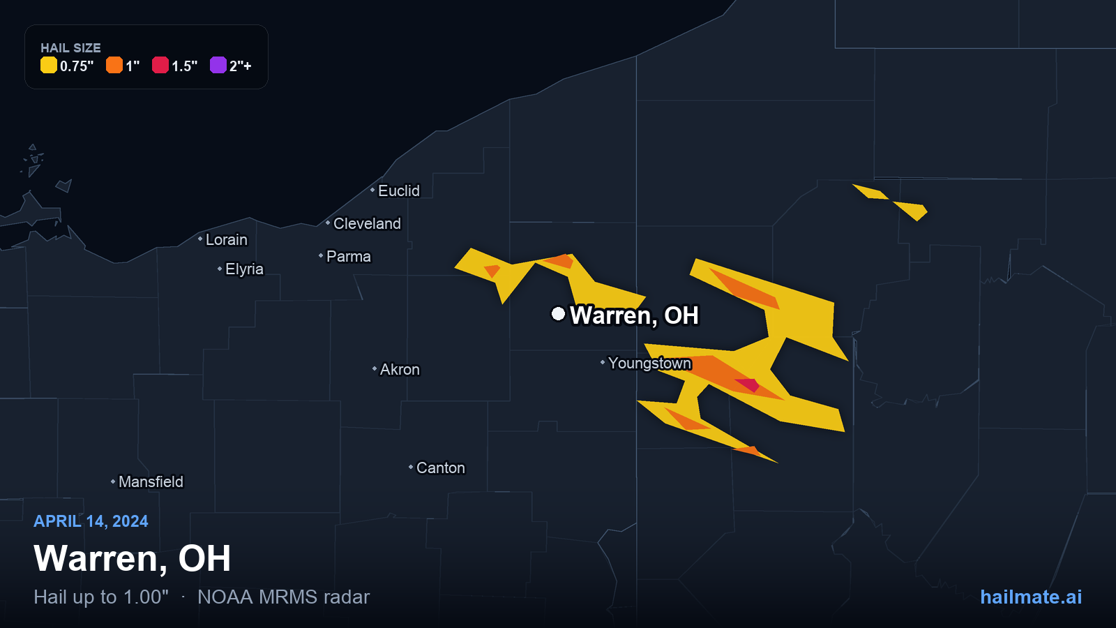 Hail swath map for Warren, OH on April 14, 2024 showing 1.00 inch hail.