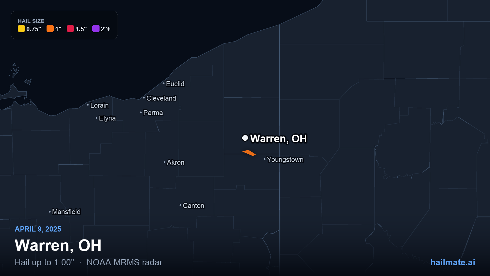 Hail swath map for Warren, OH on April 9, 2025 showing 1.00 inch hail.