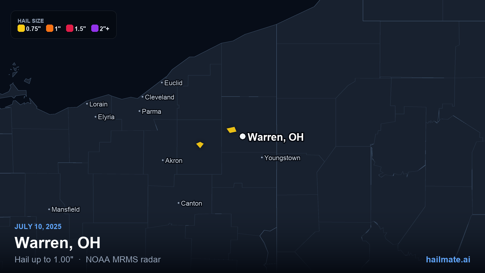 Hail swath map for Warren, OH on July 10, 2025 showing 1.00 inch hail.