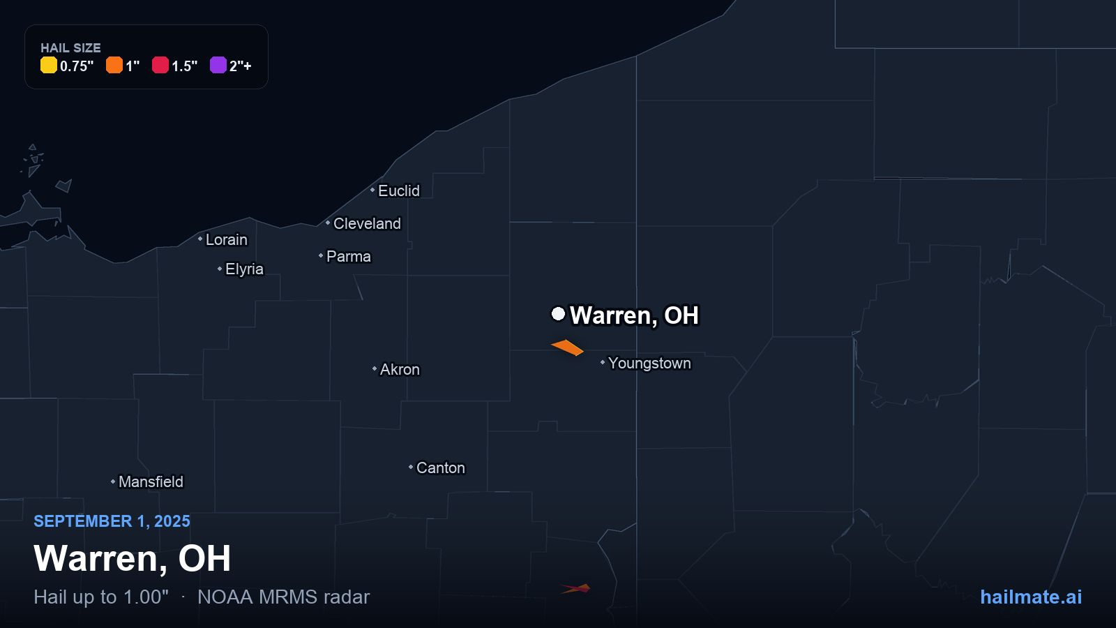 Hail swath map for Warren, OH on September 1, 2025 showing 1.00 inch hail.