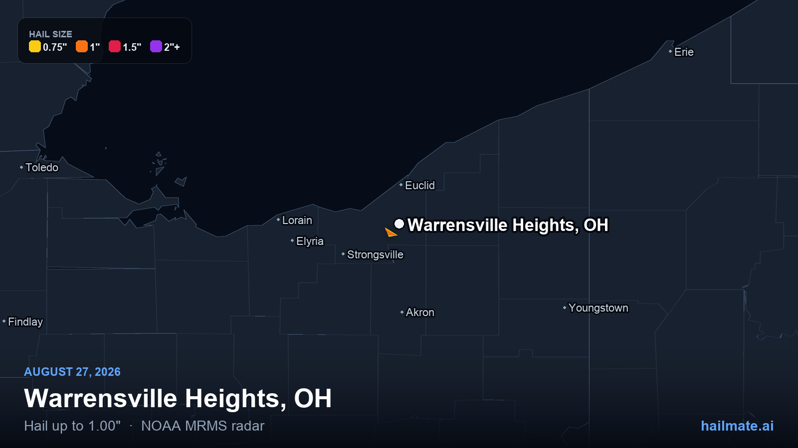 Hail swath map for Warrensville Heights, OH on August 27, 2026 showing 1.00 inch hail.