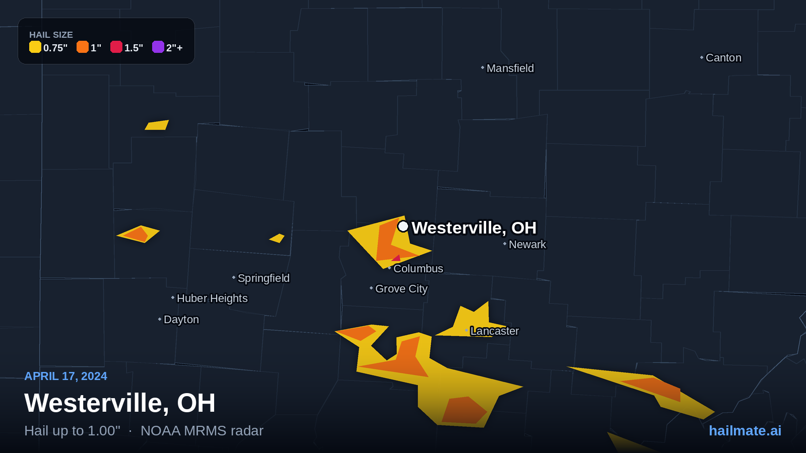 Hail swath map for Westerville, OH on April 17, 2024 showing 1.00 inch hail.