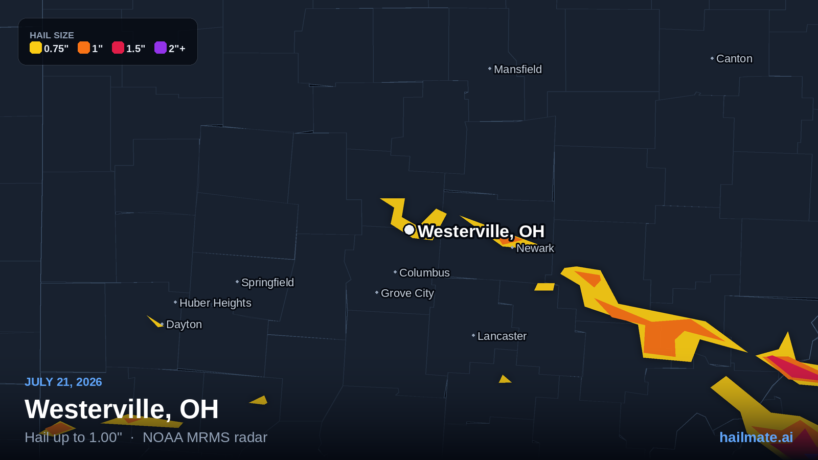 Hail swath map for Westerville, OH on July 21, 2026 showing 1.00 inch hail.