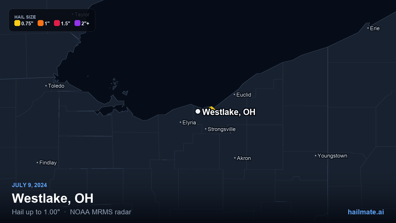Hail swath map for Westlake, OH on July 9, 2024 showing 1.00 inch hail.