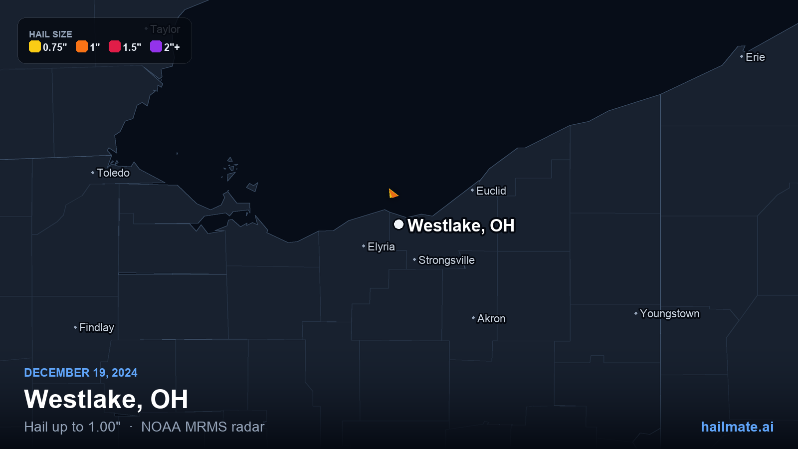 Hail swath map for Westlake, OH on December 19, 2024 showing 1.00 inch hail.