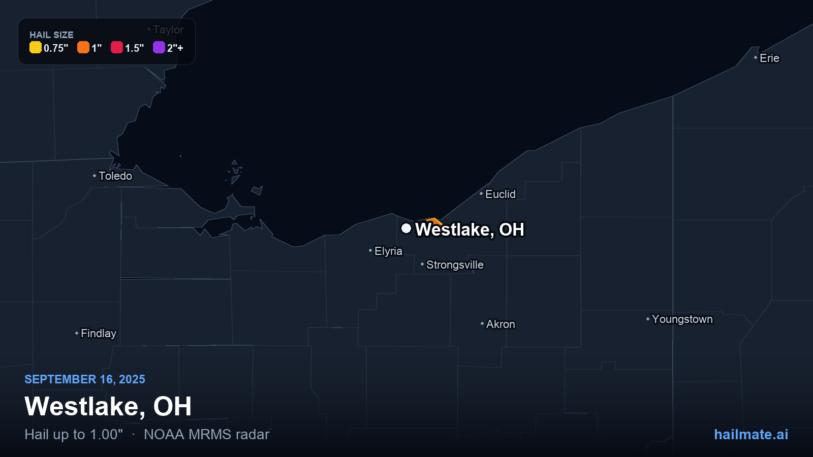 Hail swath map for Westlake, OH on September 16, 2025 showing 1.00 inch hail.