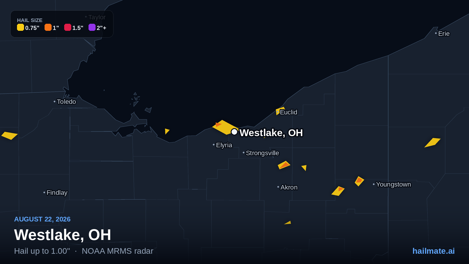 Hail swath map for Westlake, OH on August 22, 2026 showing 1.00 inch hail.
