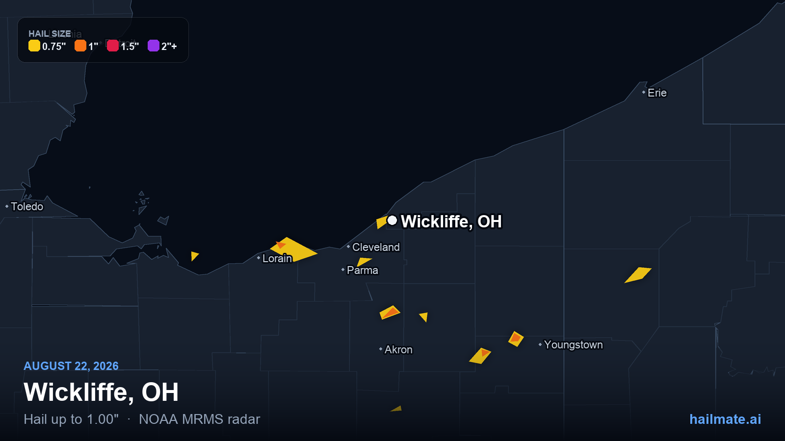 Hail swath map for Wickliffe, OH on August 22, 2026 showing 1.00 inch hail.
