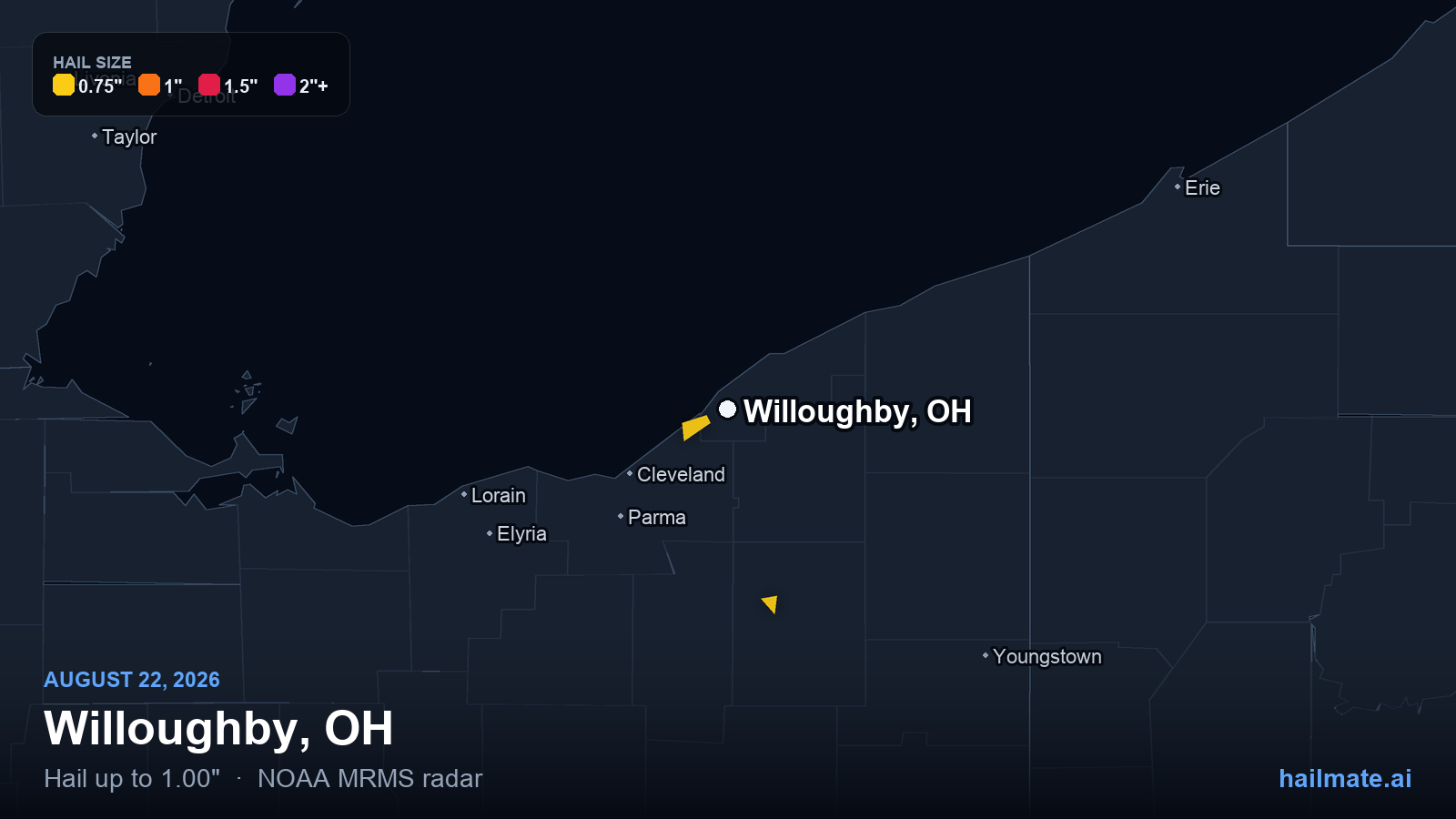 Hail swath map for Willoughby, OH on August 22, 2026 showing 1.00 inch hail.