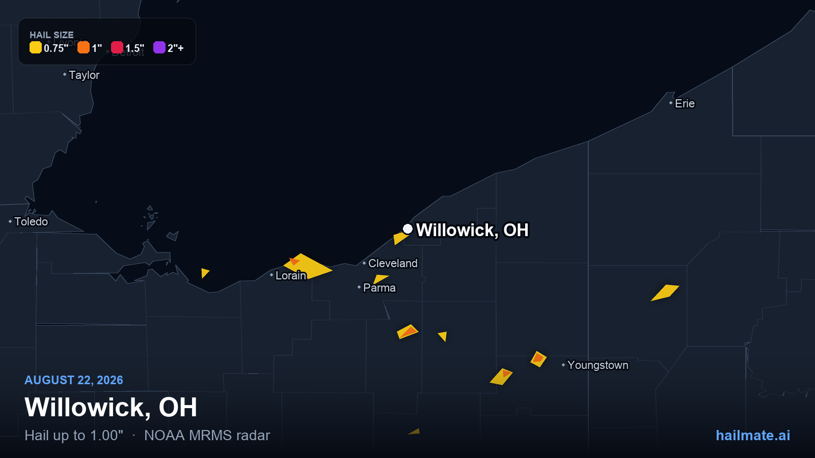 Hail swath map for Willowick, OH on August 22, 2026 showing 1.00 inch hail.