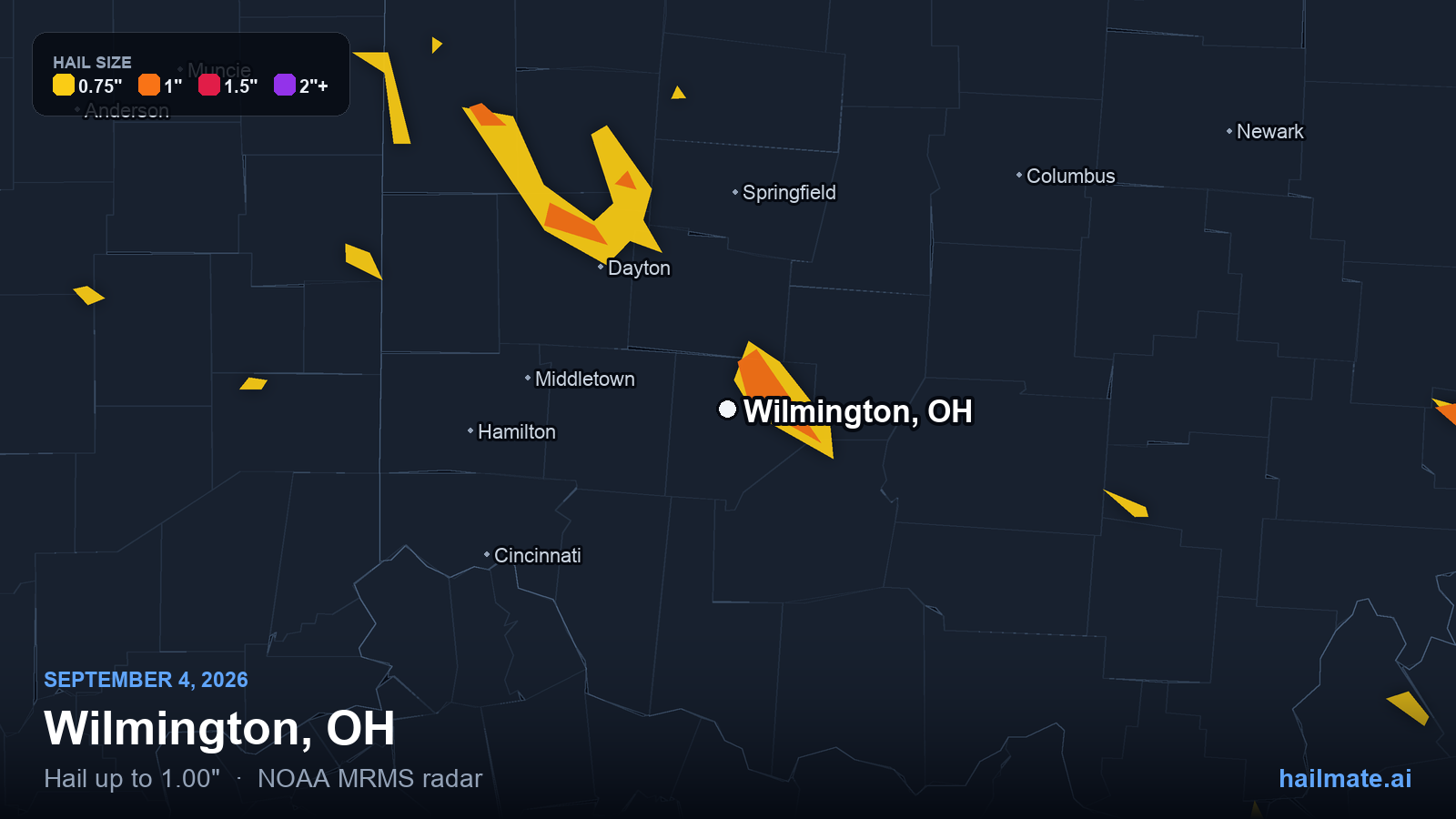Hail swath map for Wilmington, OH on September 4, 2026 showing 1.00 inch hail.