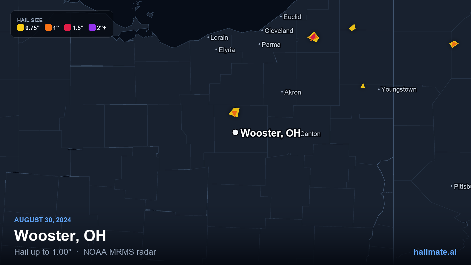 Hail swath map for Wooster, OH on August 30, 2024 showing 1.00 inch hail.
