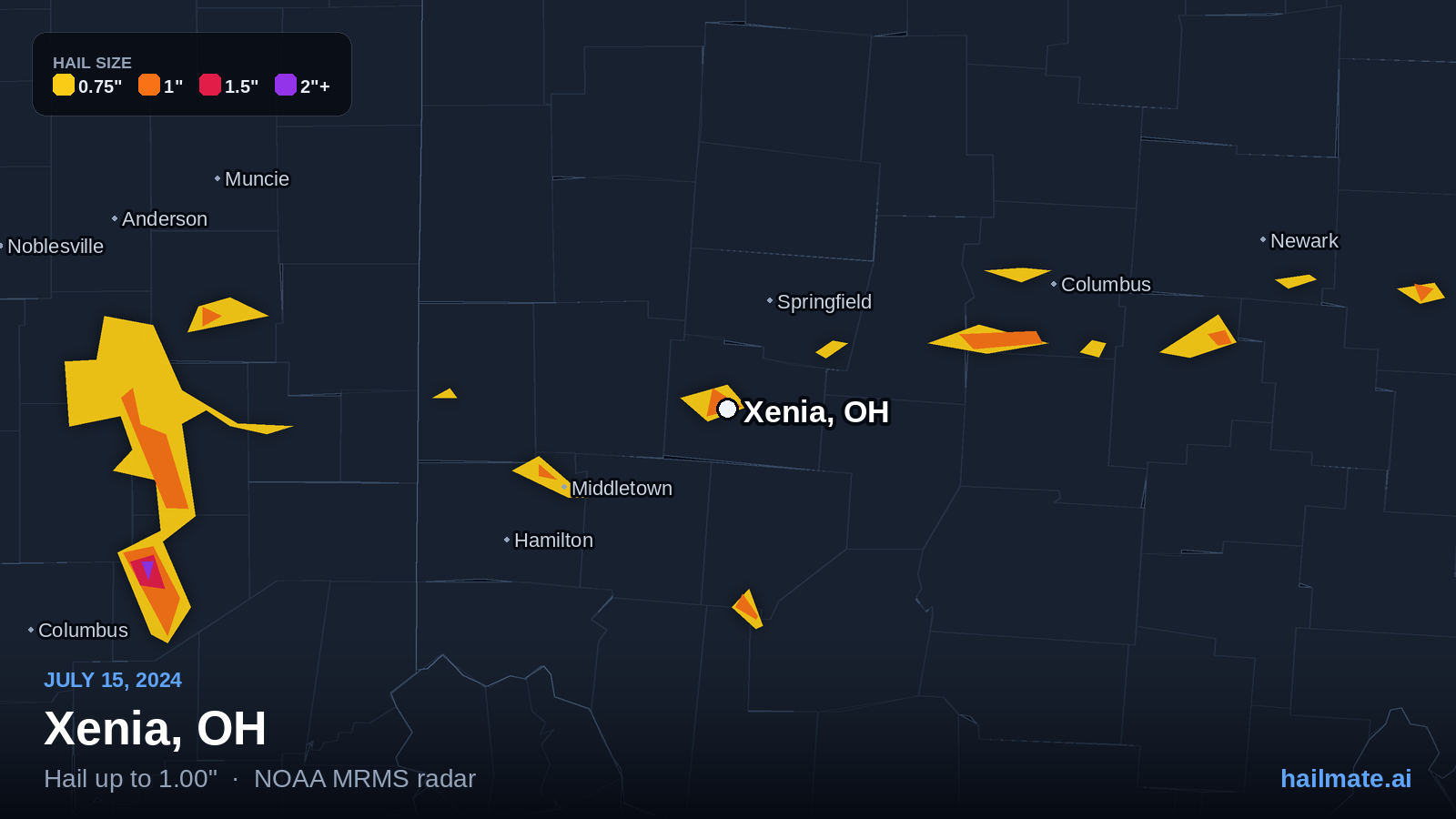 Hail swath map for Xenia, OH on July 15, 2024 showing 1.00 inch hail.