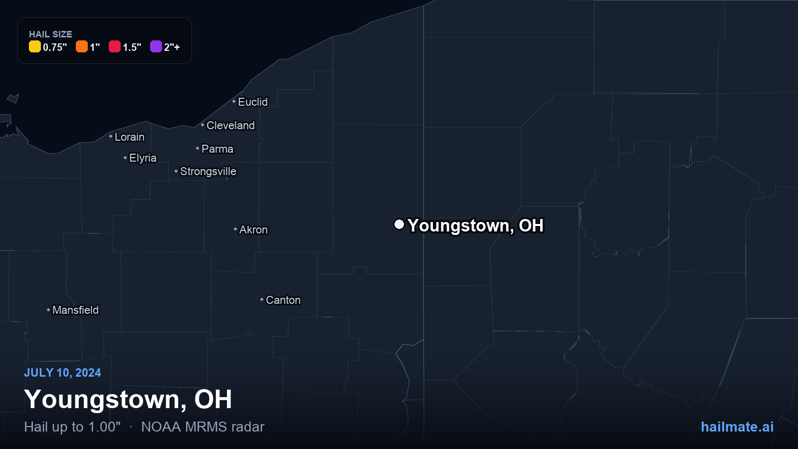 Hail swath map for Youngstown, OH on July 10, 2024 showing 1.00 inch hail.