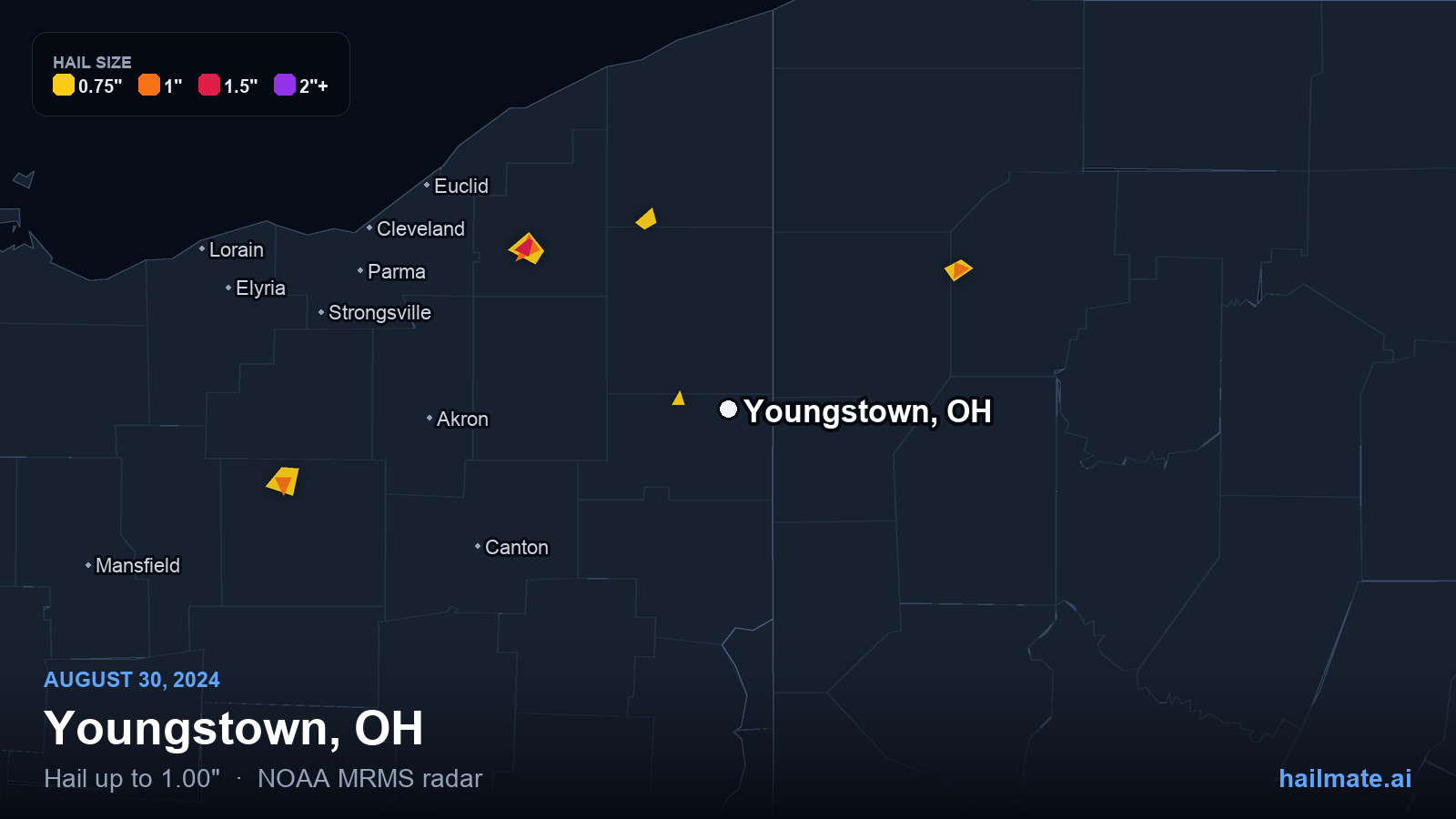 Hail swath map for Youngstown, OH on August 30, 2024 showing 1.00 inch hail.