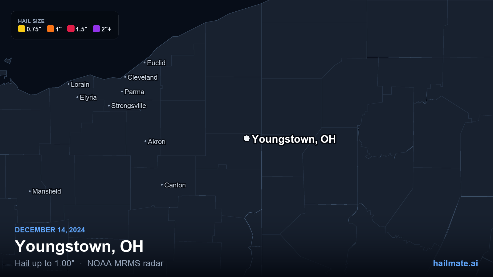 Hail swath map for Youngstown, OH on December 14, 2024 showing 1.00 inch hail.