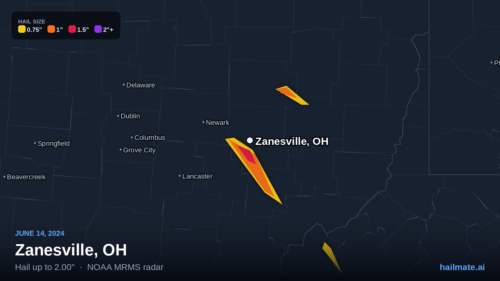 Hail swath map for Zanesville, OH on June 14, 2024 showing 2.00 inch hail.