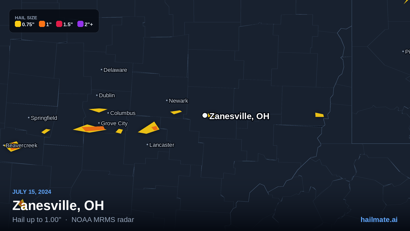 Hail swath map for Zanesville, OH on July 15, 2024 showing 1.00 inch hail.
