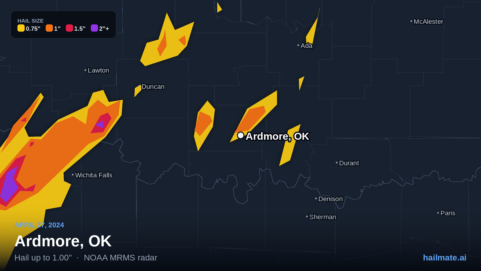 Hail swath map for Ardmore, OK on April 27, 2024 showing 1.00 inch hail.