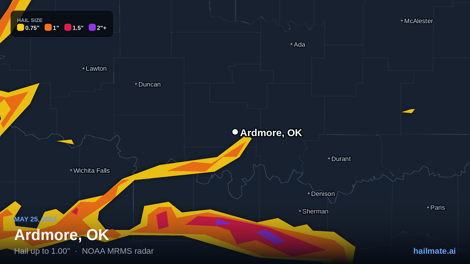 Hail swath map for Ardmore, OK on May 25, 2024 showing 1.00 inch hail.