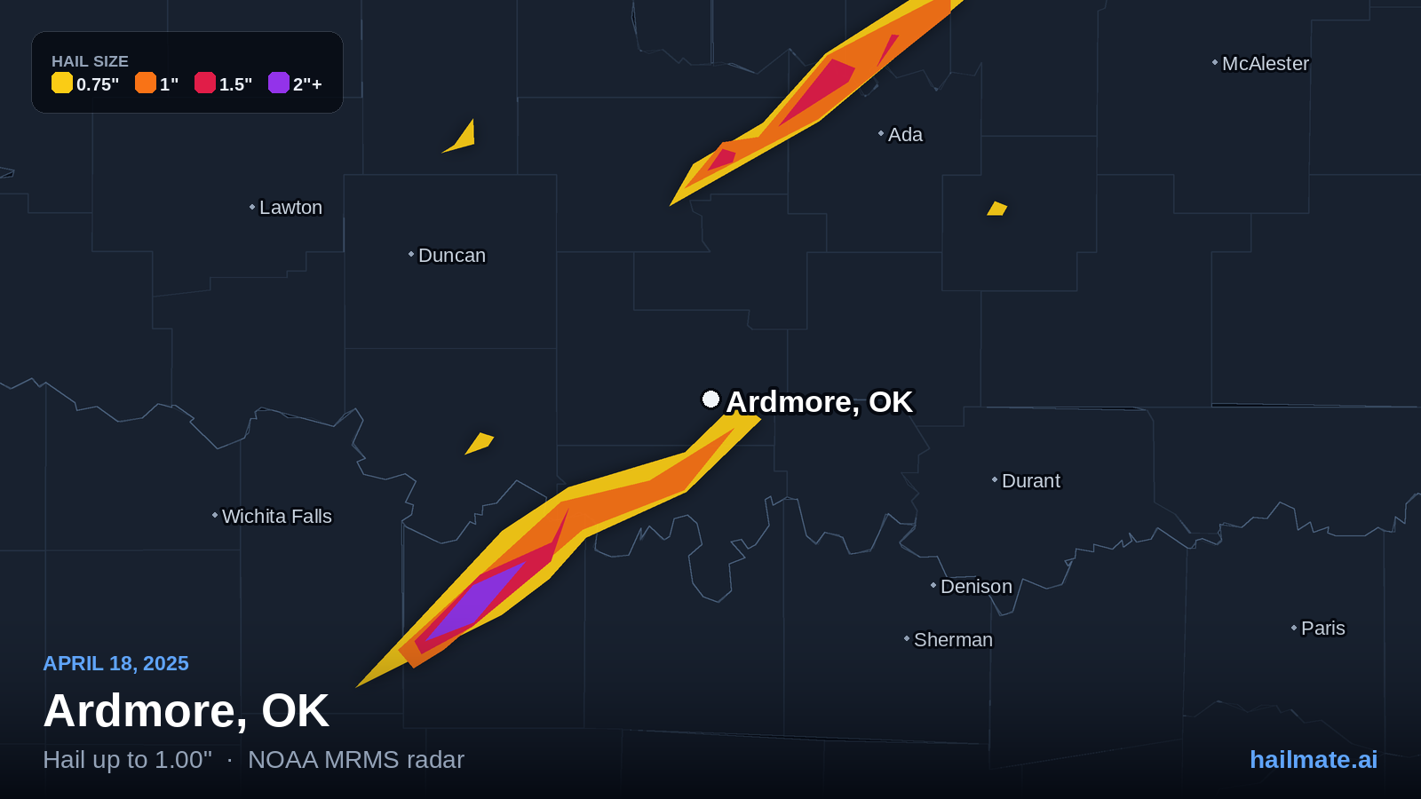 Hail swath map for Ardmore, OK on April 18, 2025 showing 1.00 inch hail.