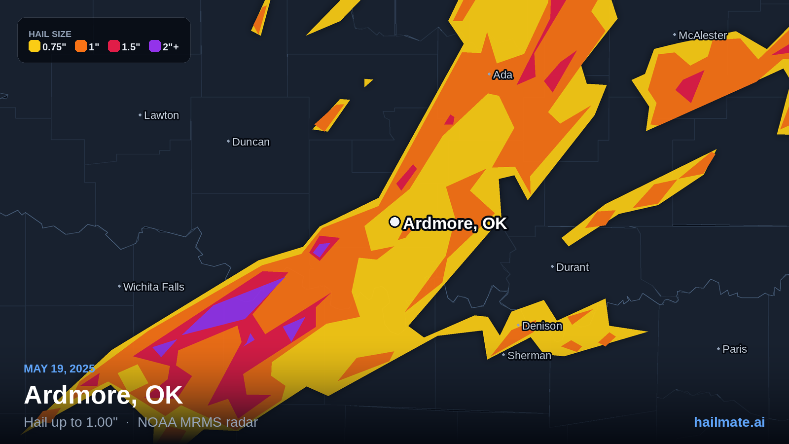 Hail swath map for Ardmore, OK on May 19, 2025 showing 1.00 inch hail.