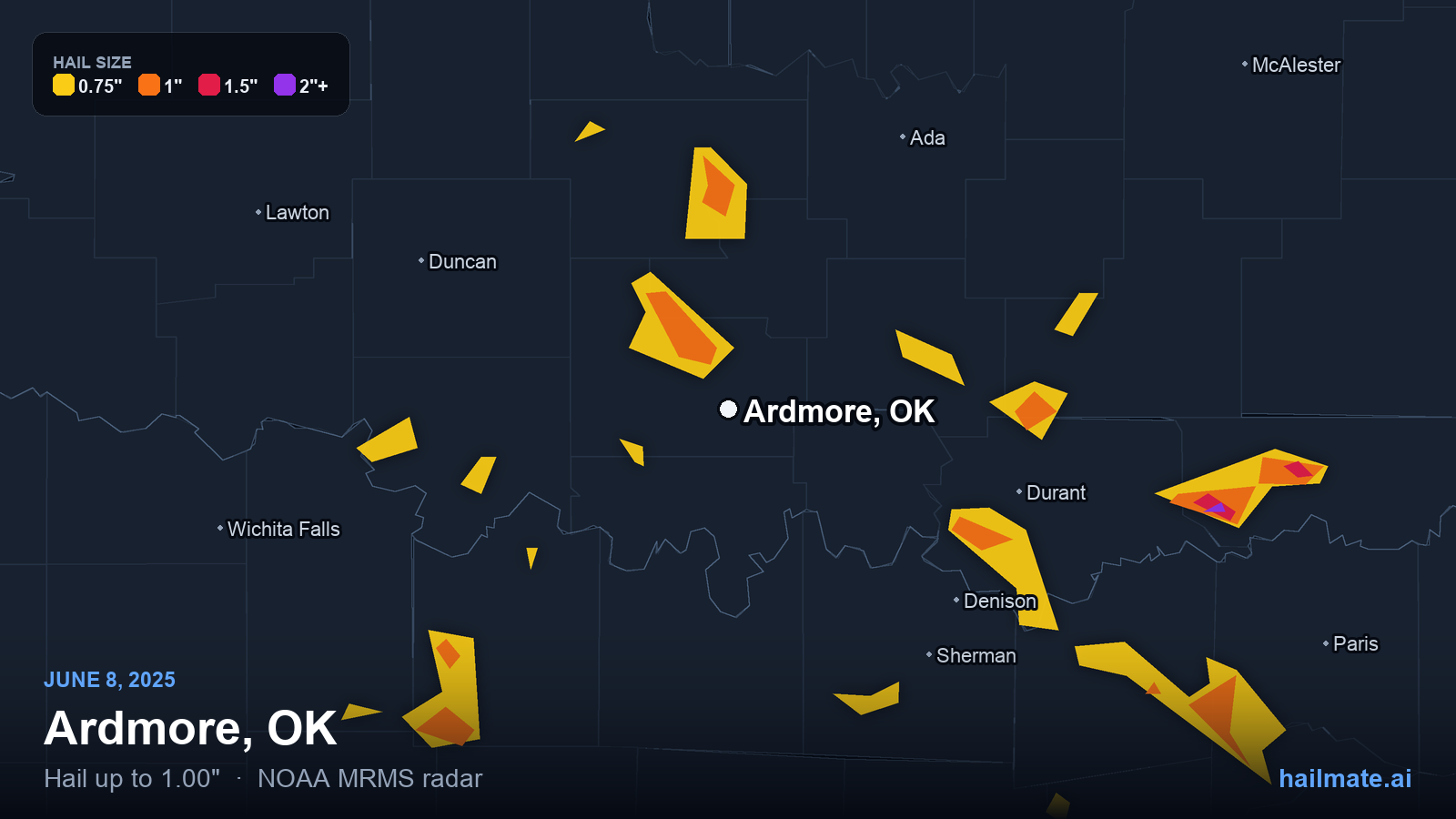 Hail swath map for Ardmore, OK on June 8, 2025 showing 1.00 inch hail.