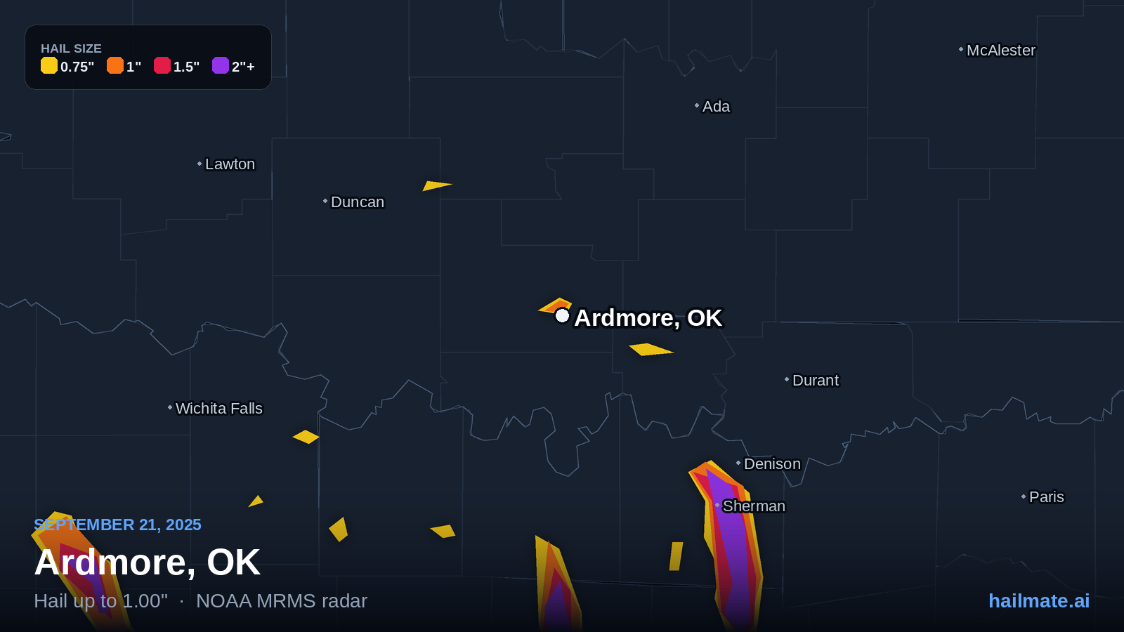 Hail swath map for Ardmore, OK on September 21, 2025 showing 1.00 inch hail.