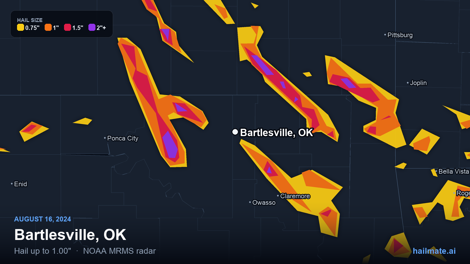 Hail swath map for Bartlesville, OK on August 16, 2024 showing 1.00 inch hail.