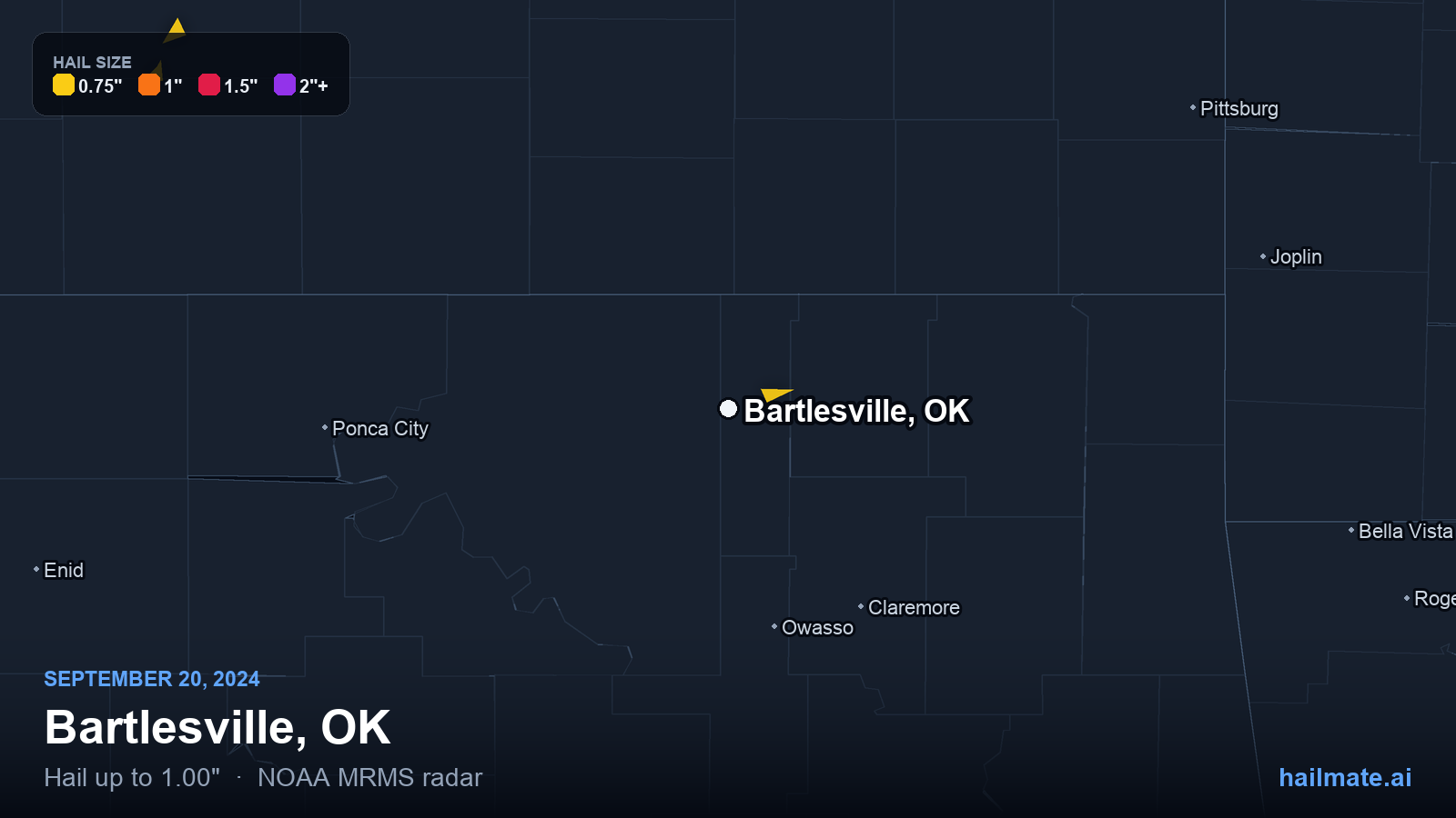 Hail swath map for Bartlesville, OK on September 20, 2024 showing 1.00 inch hail.