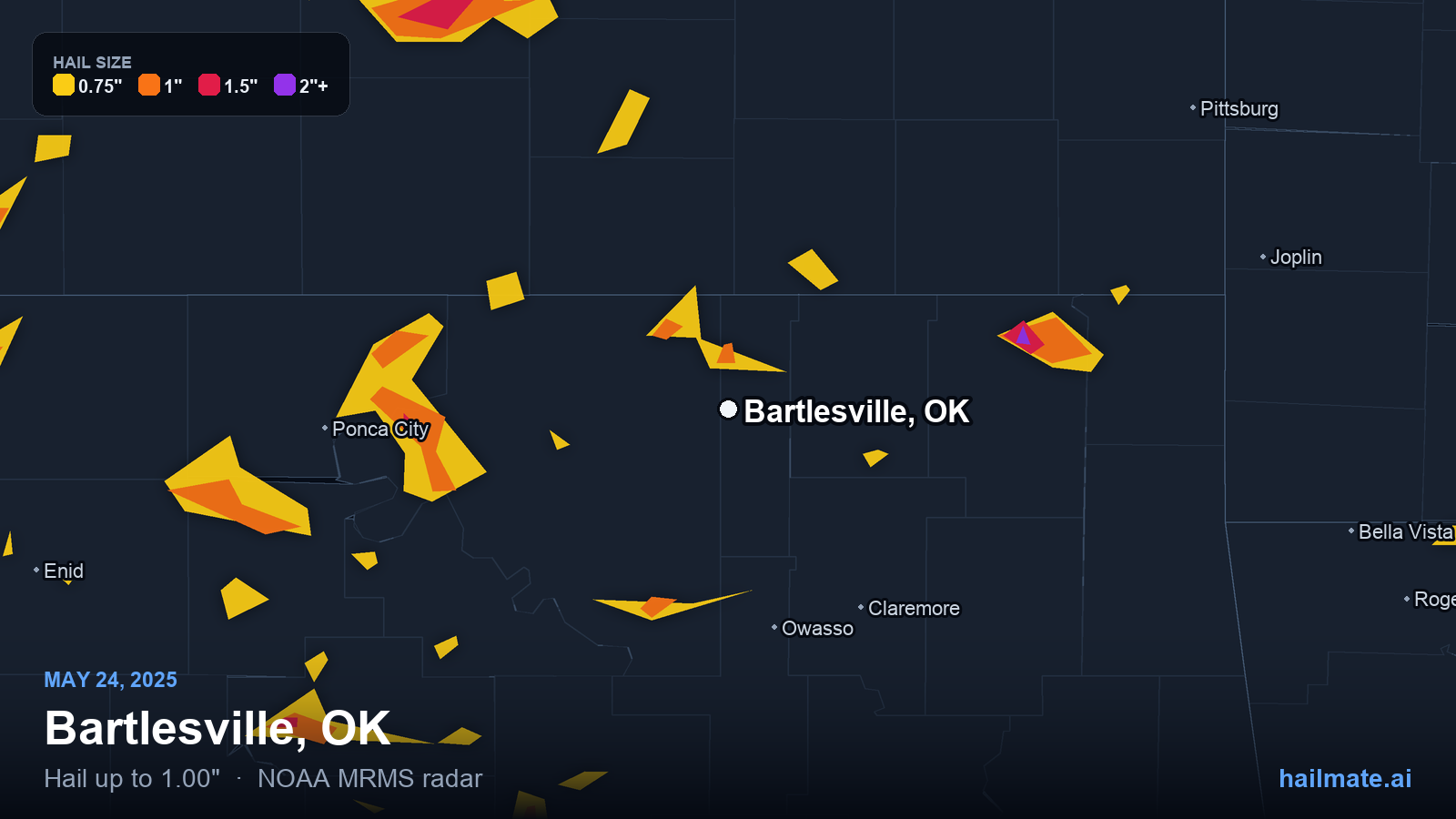 Hail swath map for Bartlesville, OK on May 24, 2025 showing 1.00 inch hail.