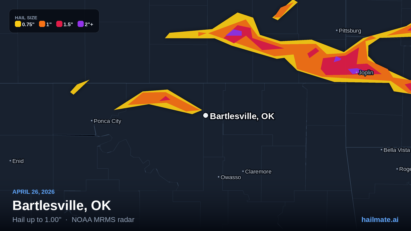 Hail swath map for Bartlesville, OK on April 26, 2026 showing 1.00 inch hail.