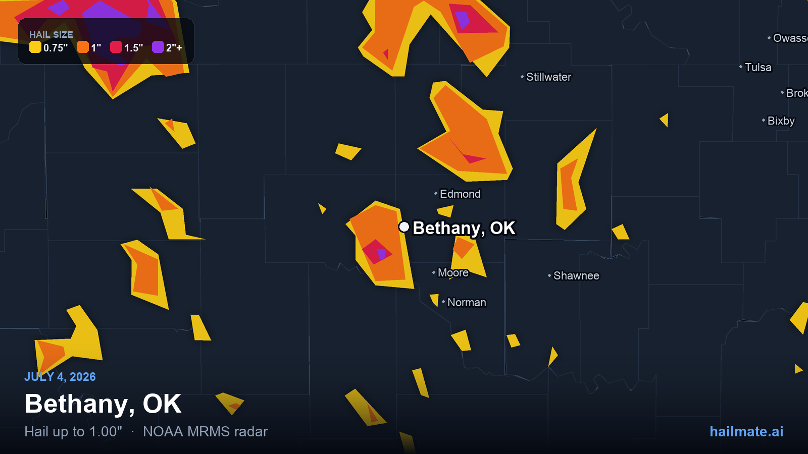 Hail swath map for Bethany, OK on July 4, 2026 showing 1.00 inch hail.