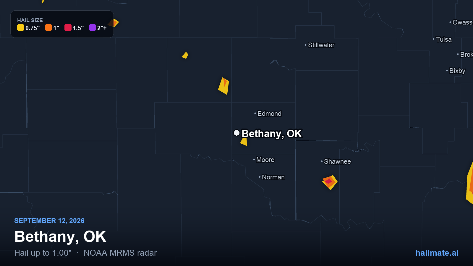 Hail swath map for Bethany, OK on September 12, 2026 showing 1.00 inch hail.