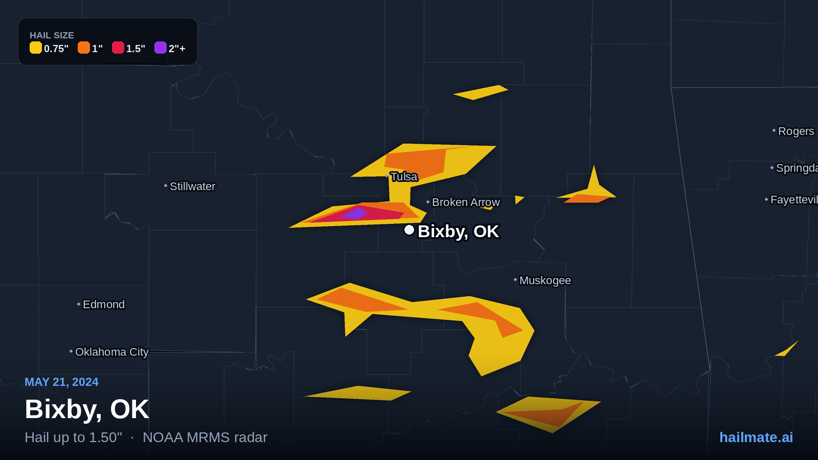 Hail swath map for Bixby, OK on May 21, 2024 showing 1.50 inch hail.