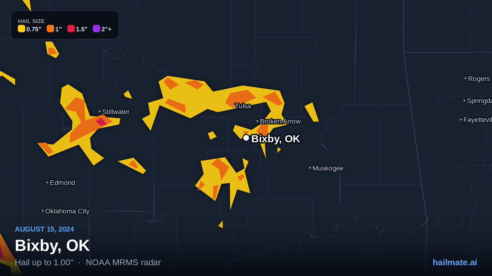 Hail swath map for Bixby, OK on August 15, 2024 showing 1.00 inch hail.