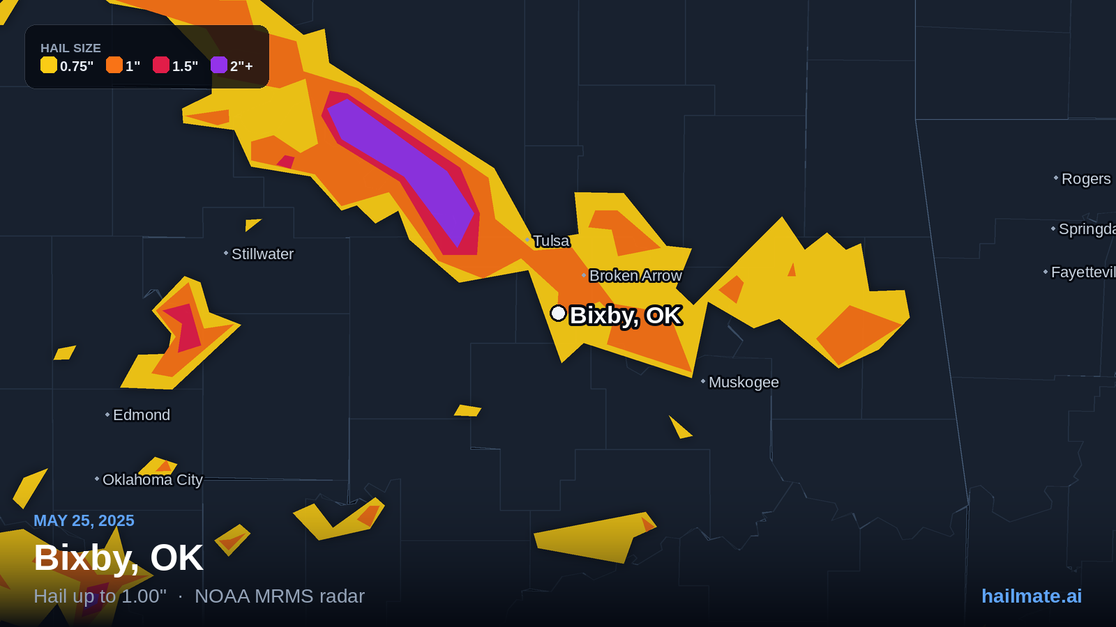 Hail swath map for Bixby, OK on May 25, 2025 showing 1.00 inch hail.