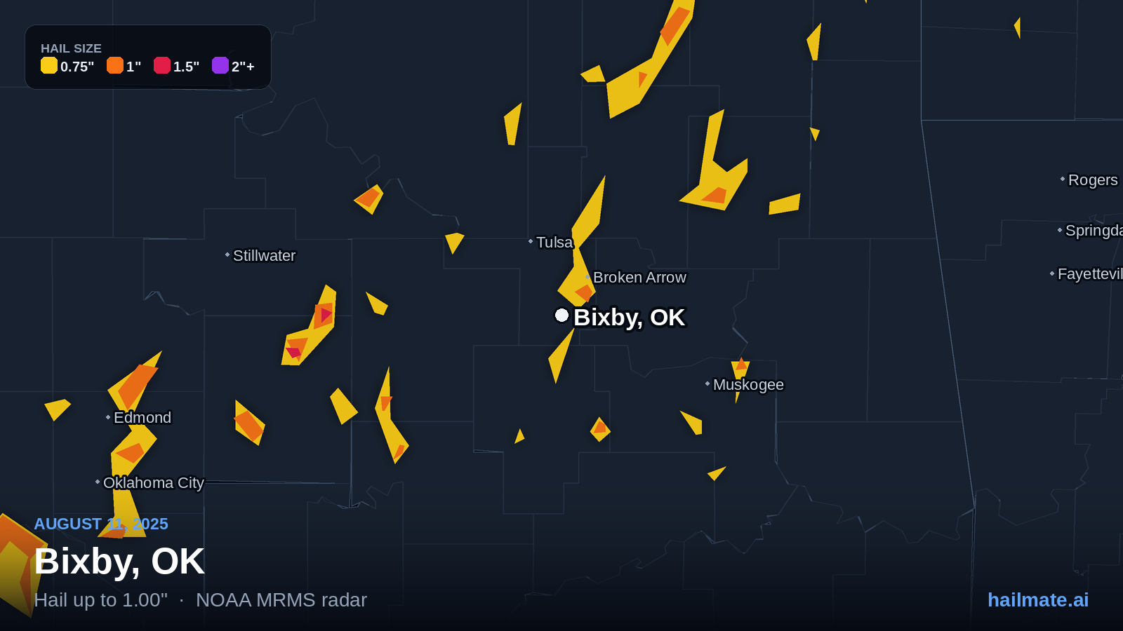 Hail swath map for Bixby, OK on August 11, 2025 showing 1.00 inch hail.
