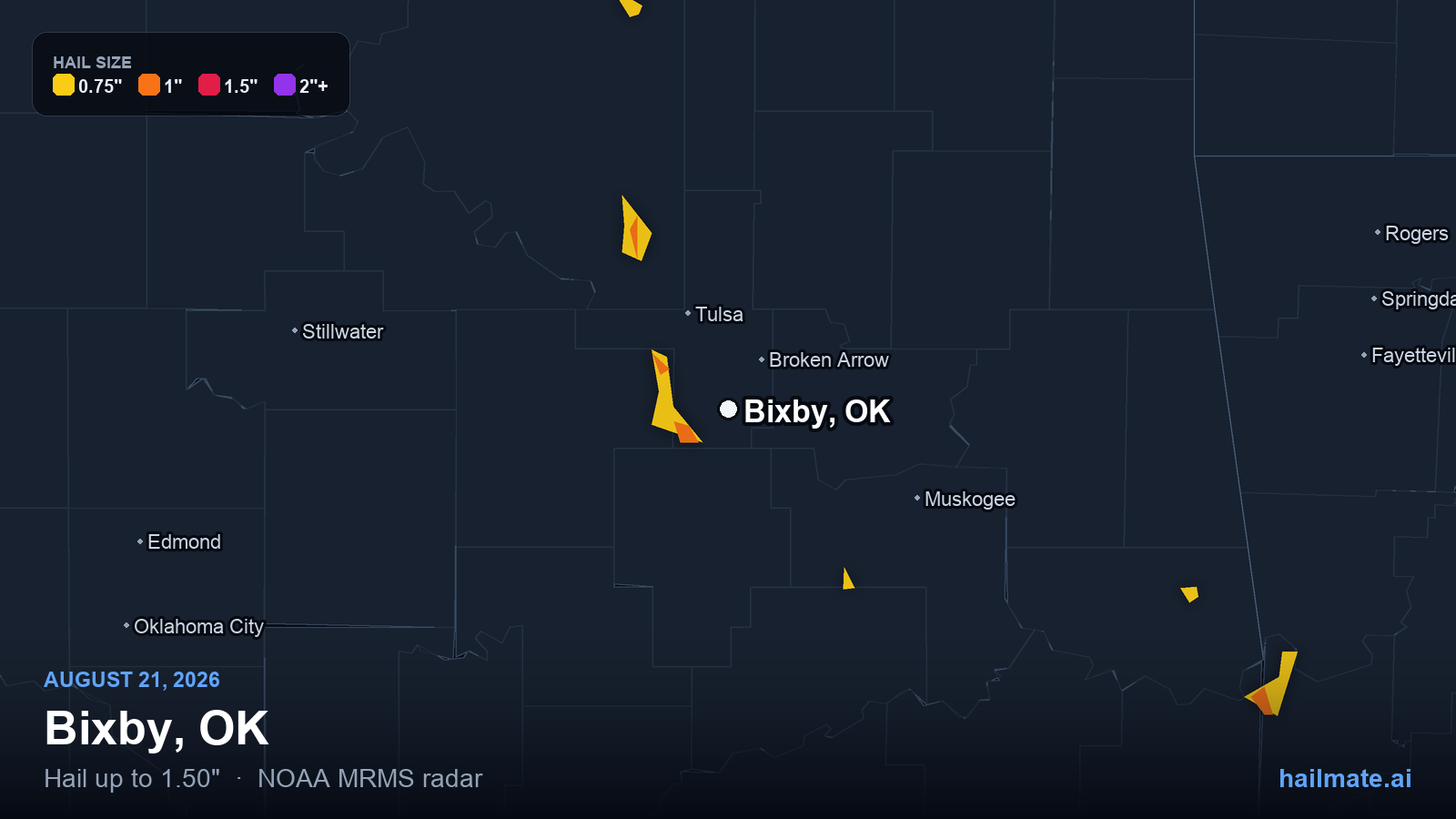 Hail swath map for Bixby, OK on August 21, 2026 showing 1.50 inch hail.