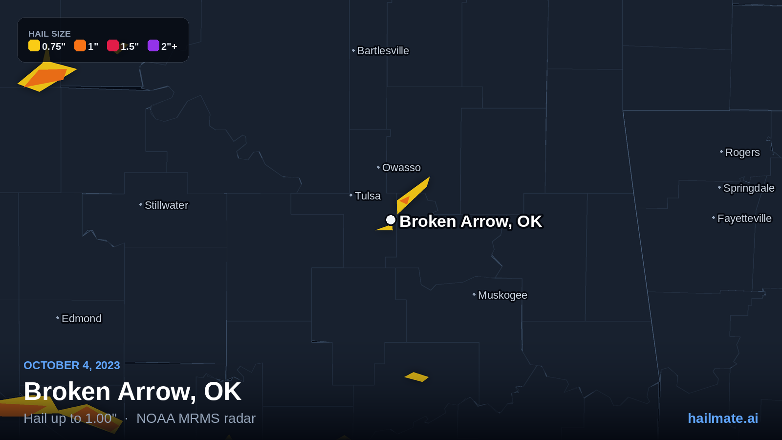 Hail swath map for Broken Arrow, OK on October 4, 2023 showing 1.00 inch hail.