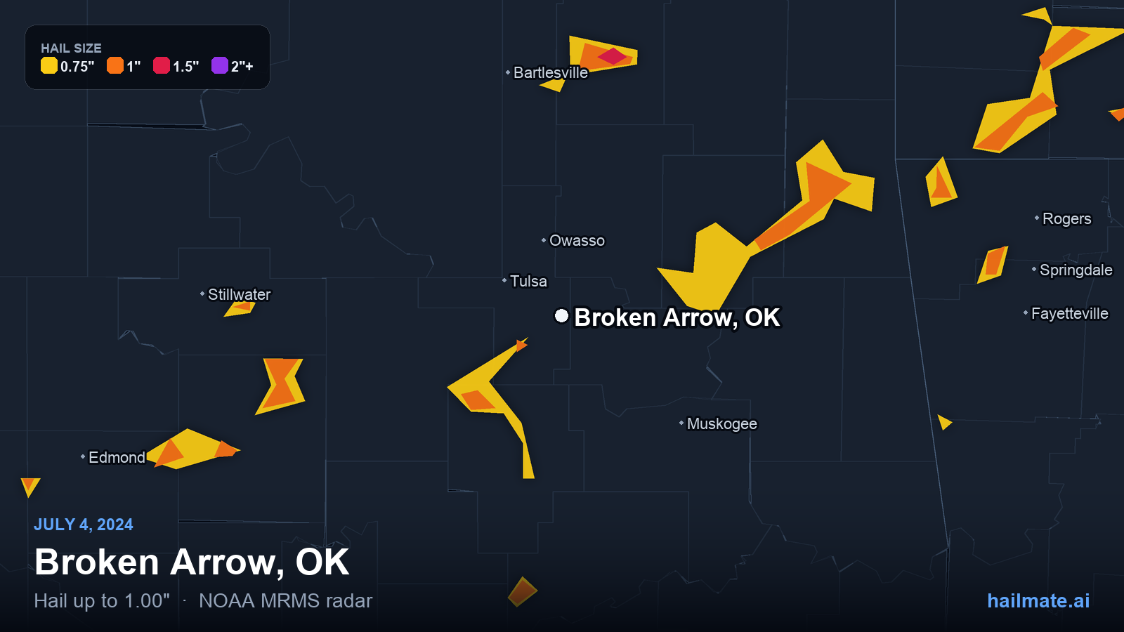 Hail swath map for Broken Arrow, OK on July 4, 2024 showing 1.00 inch hail.