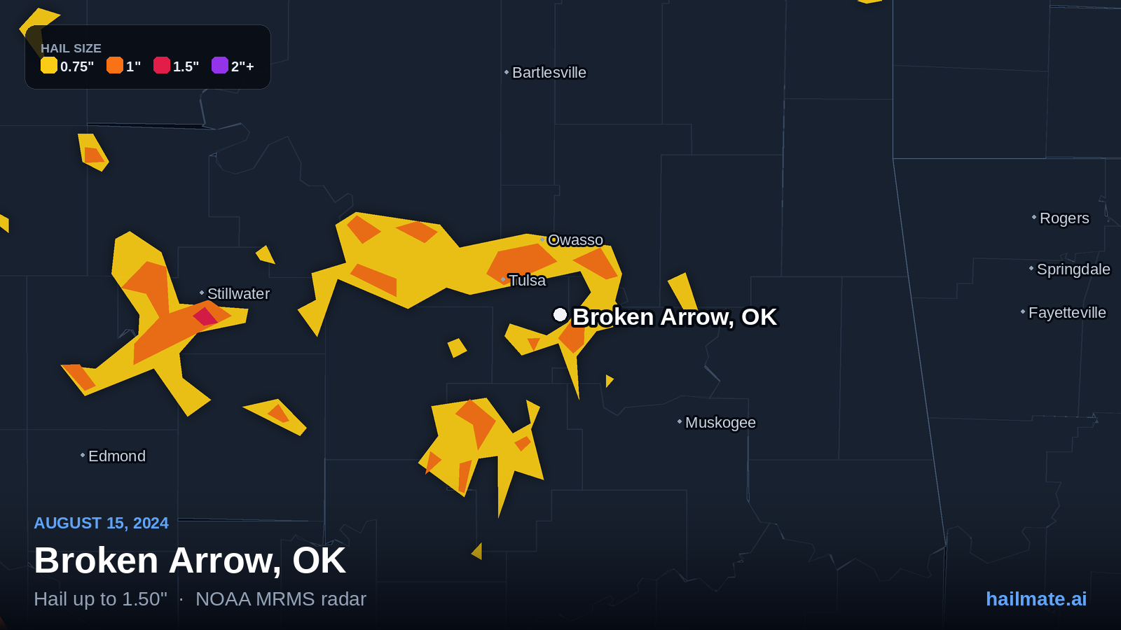 Hail swath map for Broken Arrow, OK on August 15, 2024 showing 1.50 inch hail.
